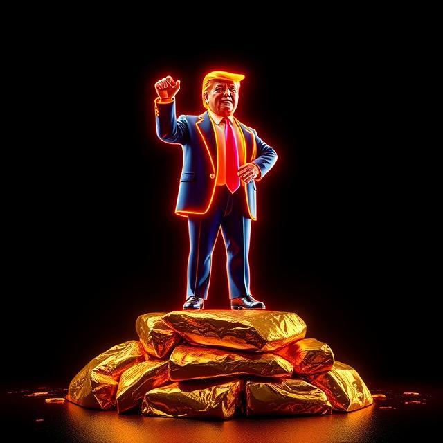 Donald Trump standing on a pile of gold