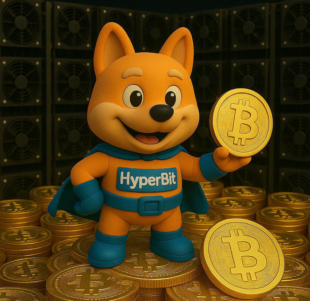 HyperBit mascot character holding a Bitcoin, standing on a pile of Bitcoins with cooling fans in the background.