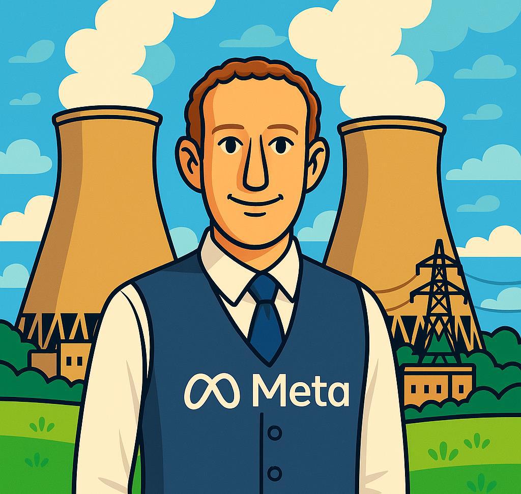 Mark Zuckerberg in front of nuclear power plants with Meta logo